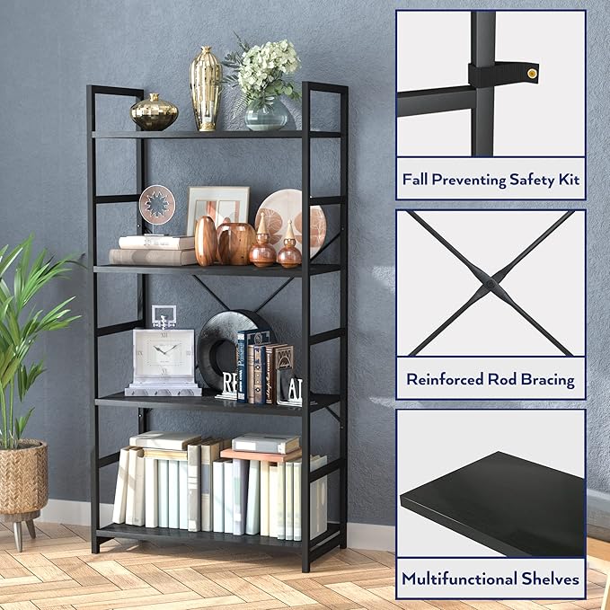 NUMENN 4 Tier Bookshelf, Tall Bookcase Shelf Storage Organizer, Modern Book S...