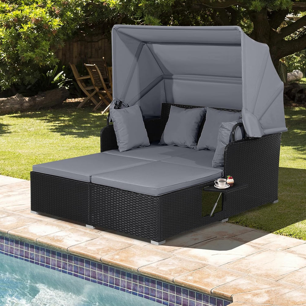 HAPPYGRILL Outdoor Wicker Lounge Daybed, Hand-Woven PE RattanDaybed, Patio Lo...