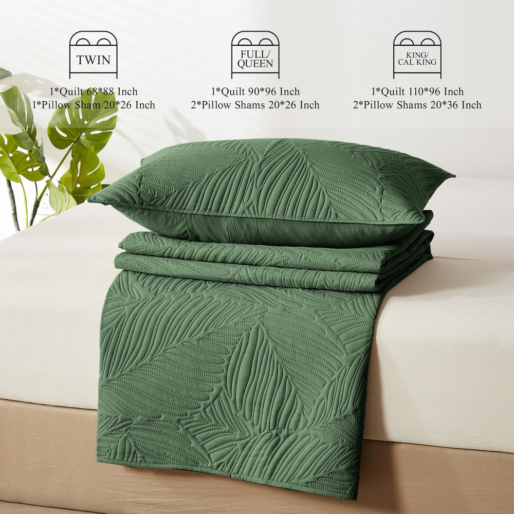King Quilt Bedding Set Lightweight Soft Olive Green Bedspread Coverlet with L...