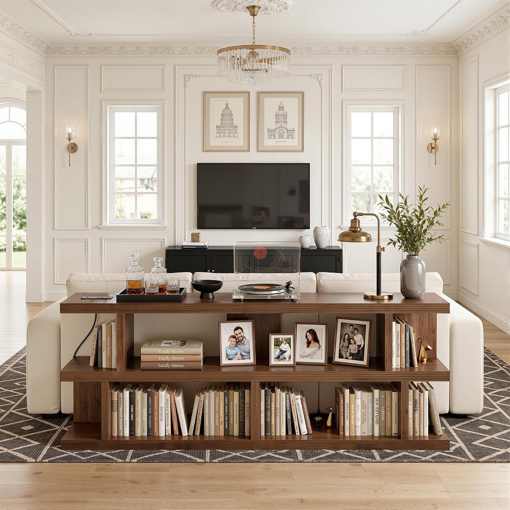 TIQLAB 70.9‘’ Extra Long Sofa Table with Power Outlet&Shelf, Black Walnut...