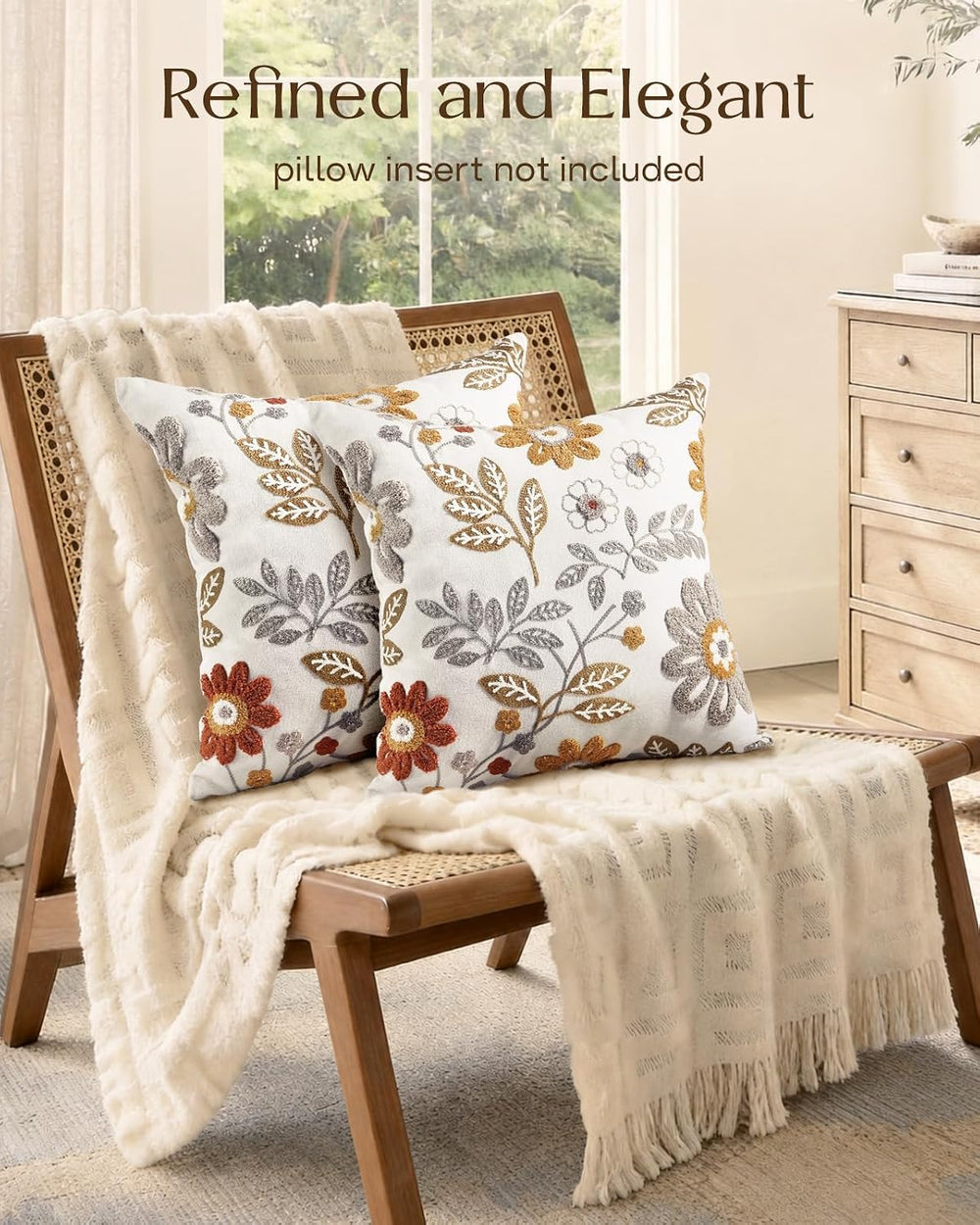 Fall Embroidered Throw Pillow Covers 18x18, Set of 2, Amber Blooms