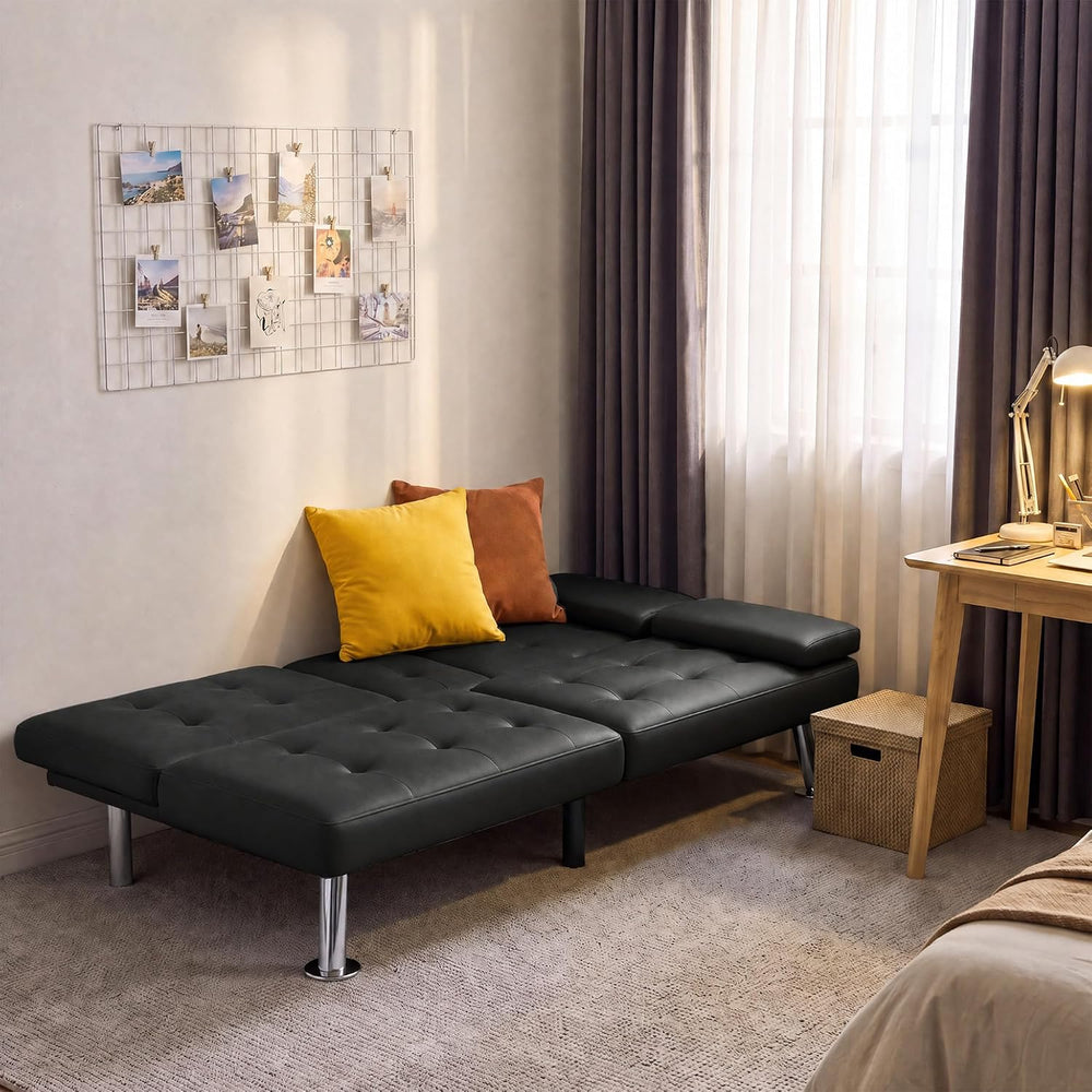 Furmax Convertible Futon Sofa Bed with Adjustable Backrest & 2 Cup Holders