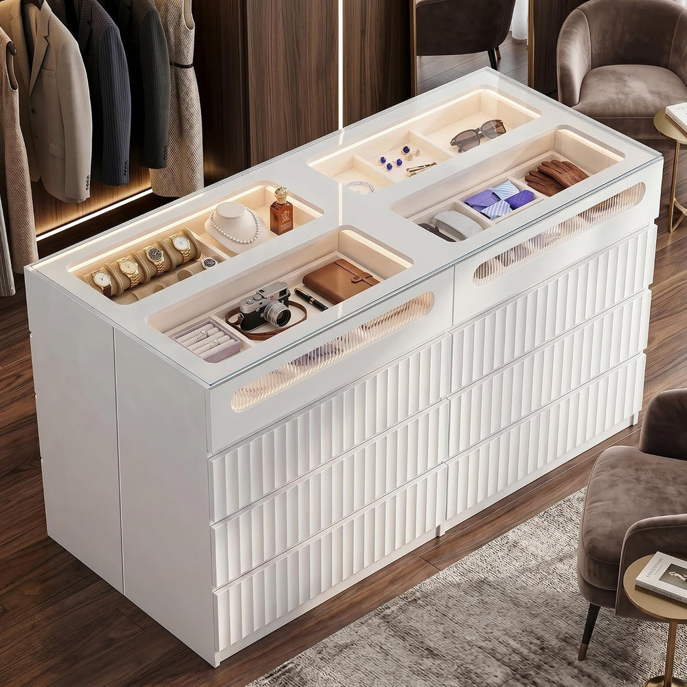 Modern 16 Drawer Wardrobe Armoire,Fluted Island Dresser,White Oak Grain