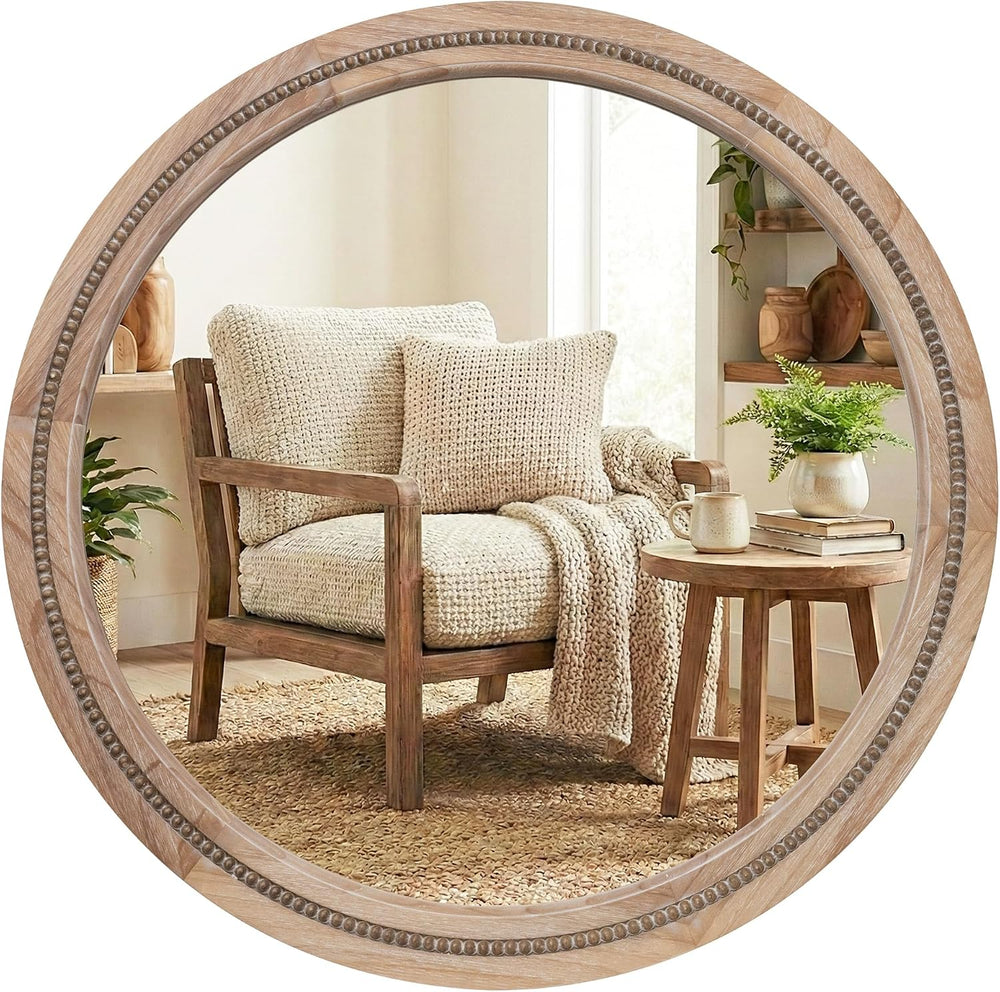 Solid Wood 36 Inch Round Beaded Wall Decor Mirror, Natural Wood