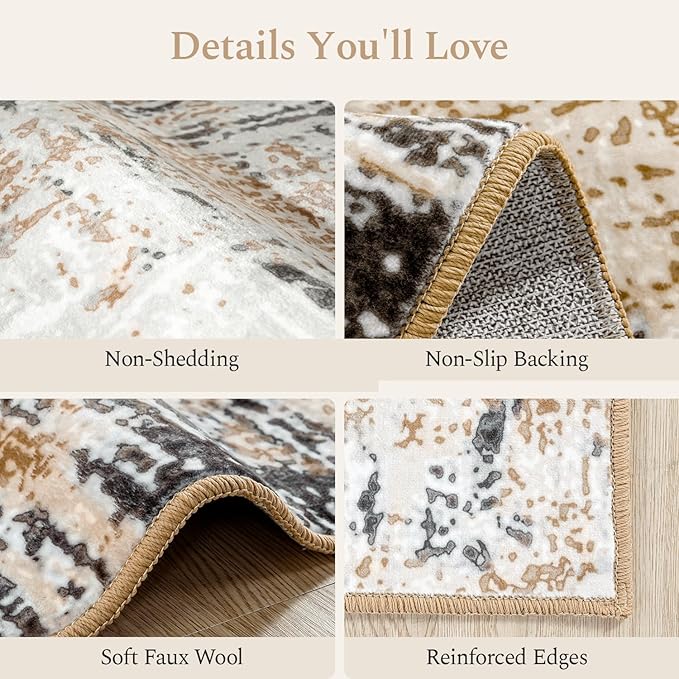 Rugflix 8x10 Washable Area Rugs, Neutral Boho Carpet Living Room Rug Non Slip