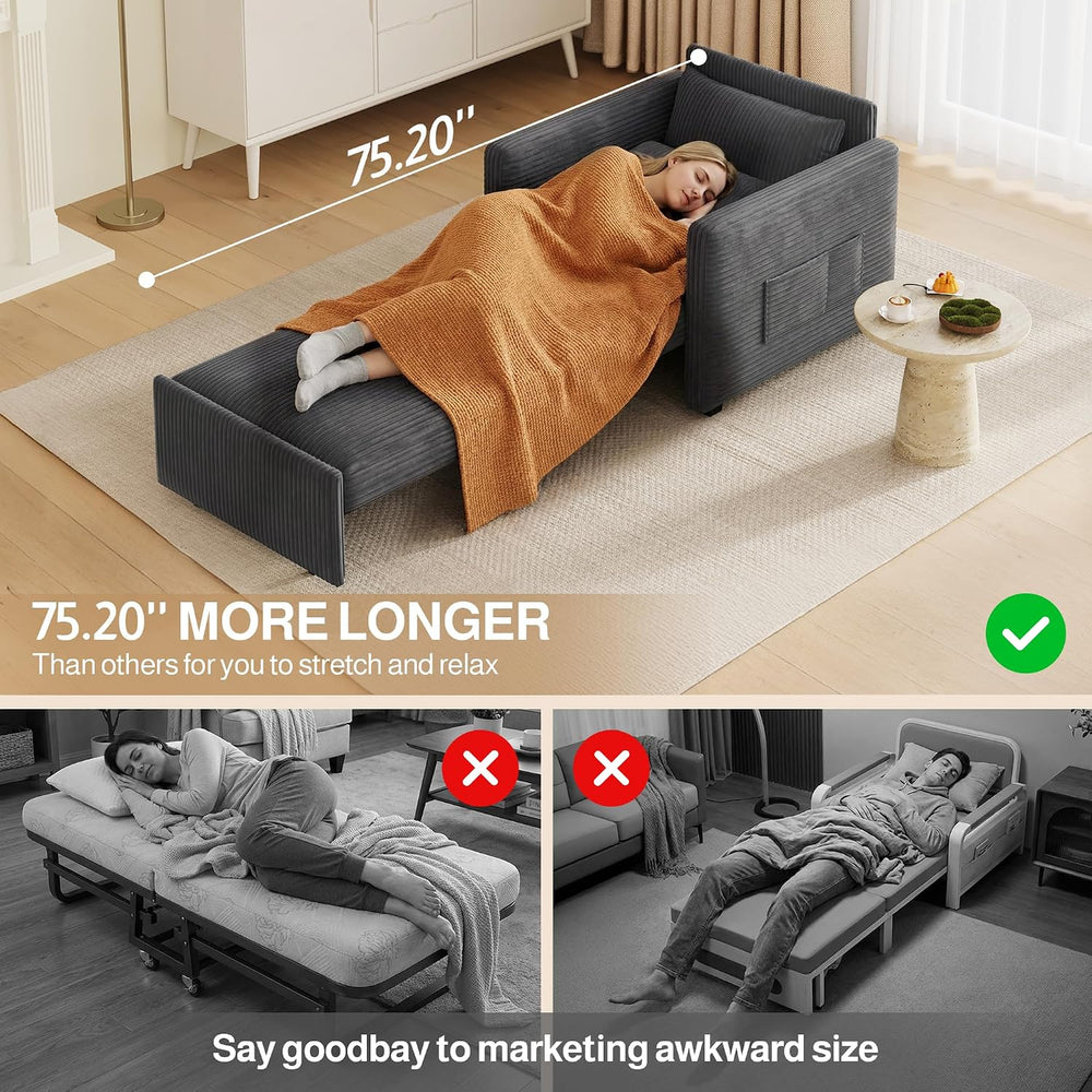 Ahomly 3 in 1 Pull Out Sleeper Chair, 75.2โ Corduroy Single Sofa, Dark Gray