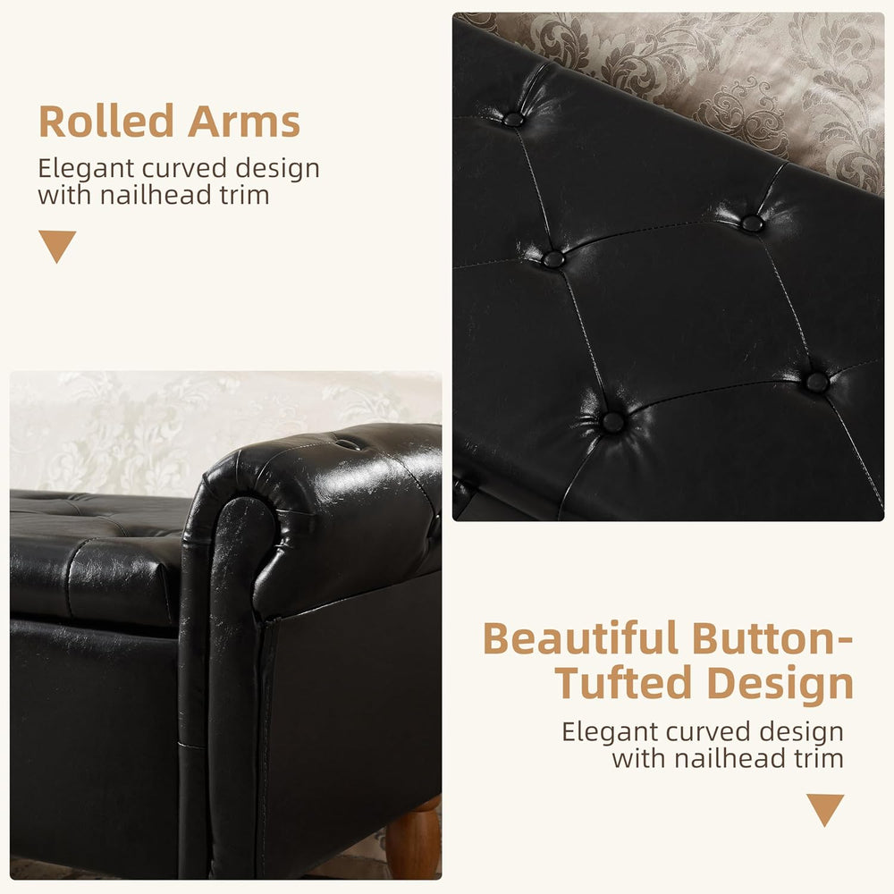 Storage Ottoman Bench, 50" Modern Upholstered End of Bed Bench, Faux Lea...