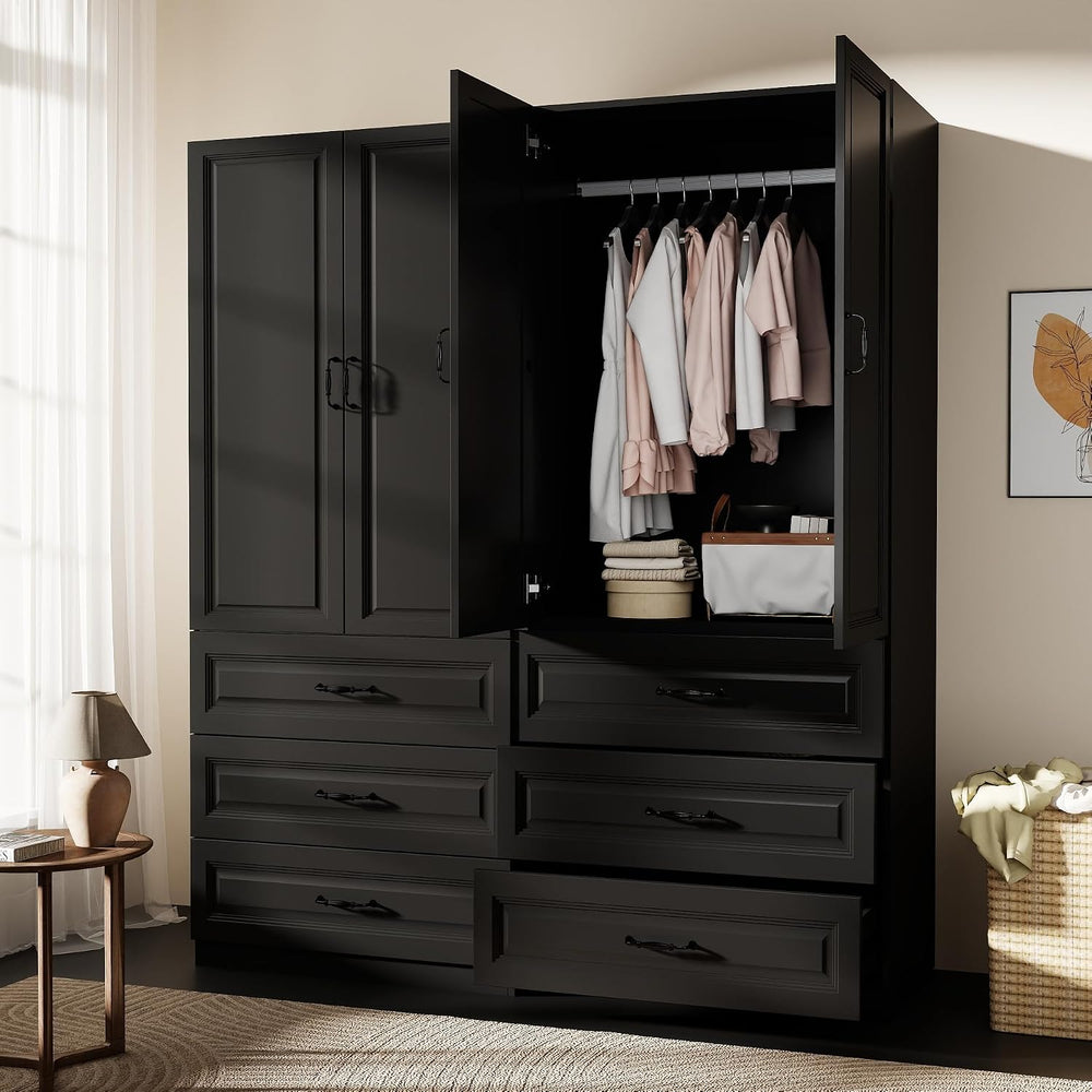 Black Armoire Wardrobe Closet with 6 Drawers, 75" Tall x 63" Wide