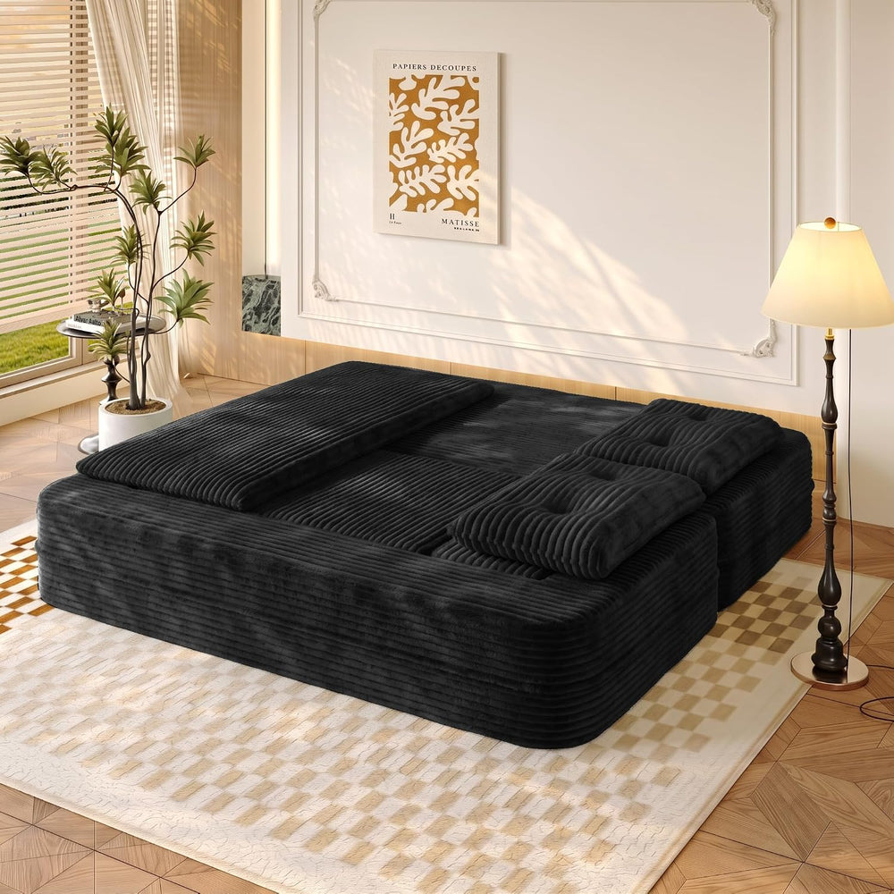 80'' Futon Sofa Bed King Size, Corduroy Boneless Couch Chaise, Black