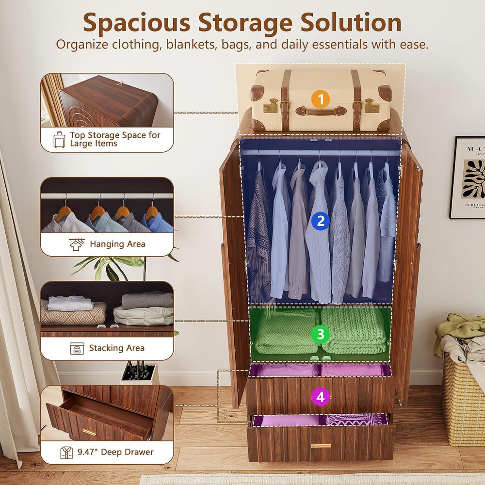 ORRD Freestanding Armoire Wardrobe Closet with Arched Fluted 2 Doors and 2 St...