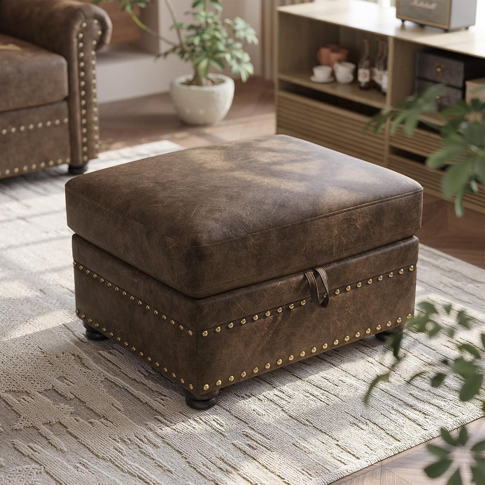 ONBRILL Faux Leather Ottoman with Storage, Rectangle Leather Foot Stool | Ott...