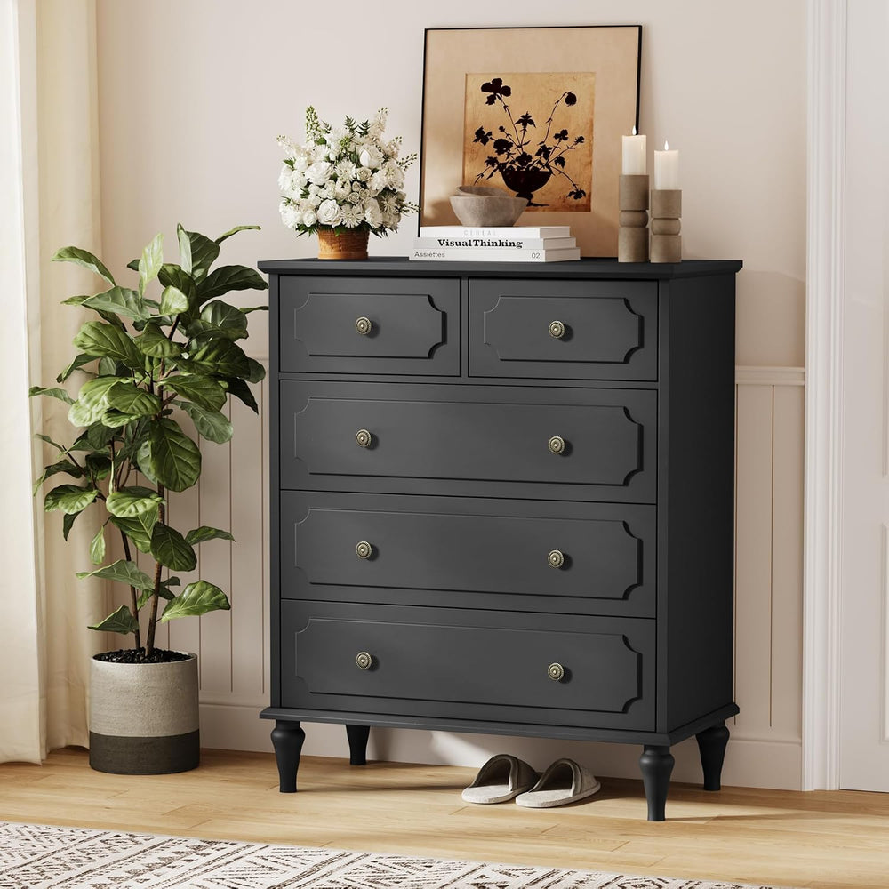 Black Dresser with 5 Drawers, Vintage Tall Dresser for Bedroom
