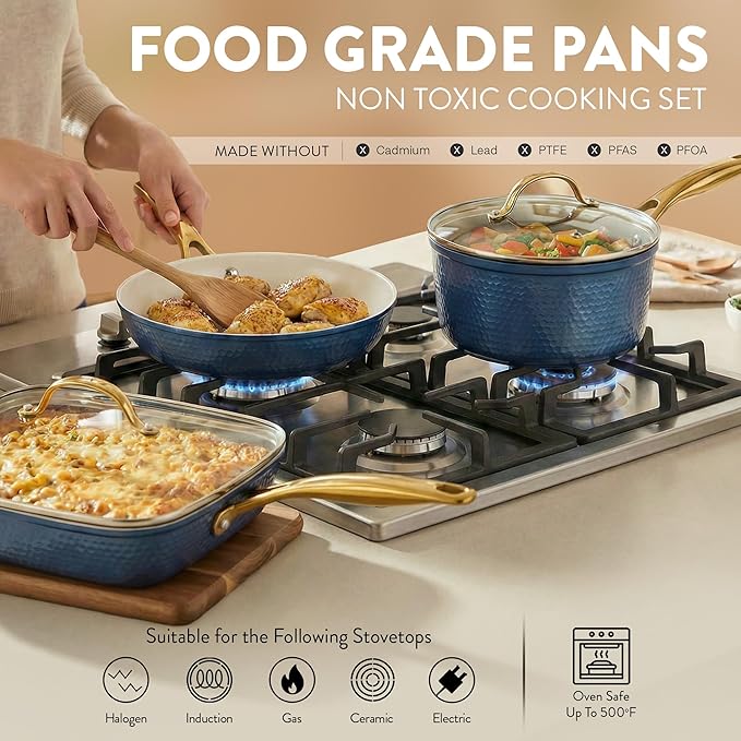 Gotham Steel Hammered 20Pcs Ceramic Cookware Set, Induction Pots and Pans Set