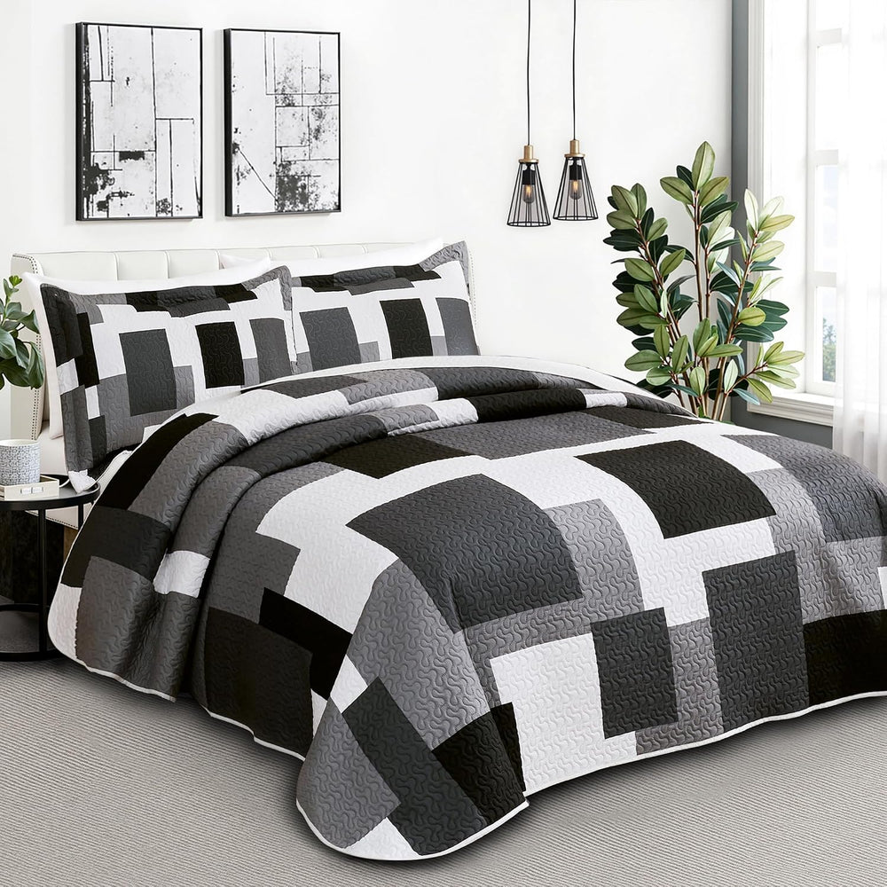 3 Piece Black Grey Quilt King Size Black White Gray Bedding Set