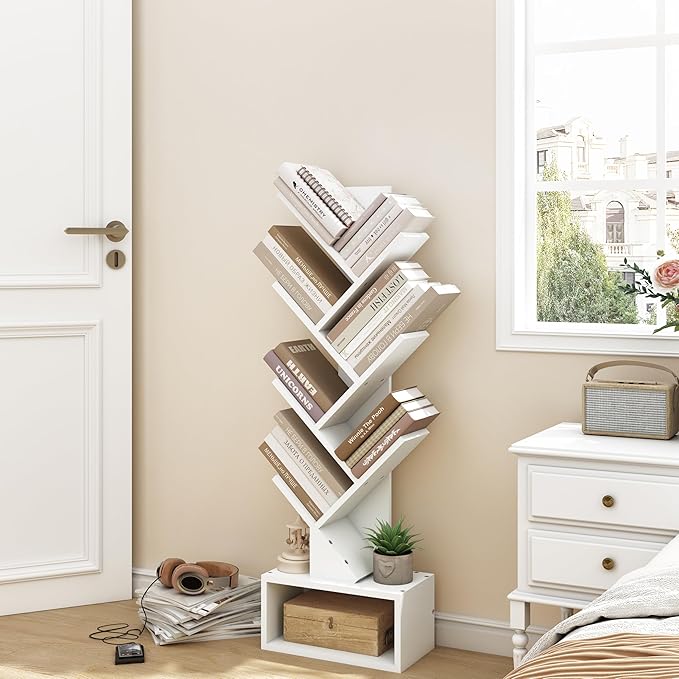 Hoctieon 6 Tier Tree Bookshelf, Tall Bookcase with Drawer, Freestanding Book ...