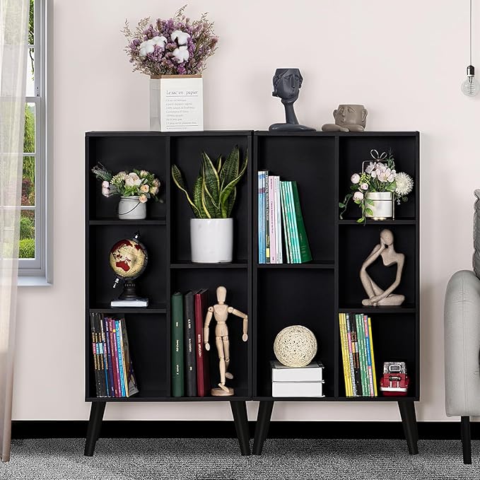 YAHARBO Small Black Narrow Bookshelf,3 Tier Modern Bookcase with Legs,Bookshe...