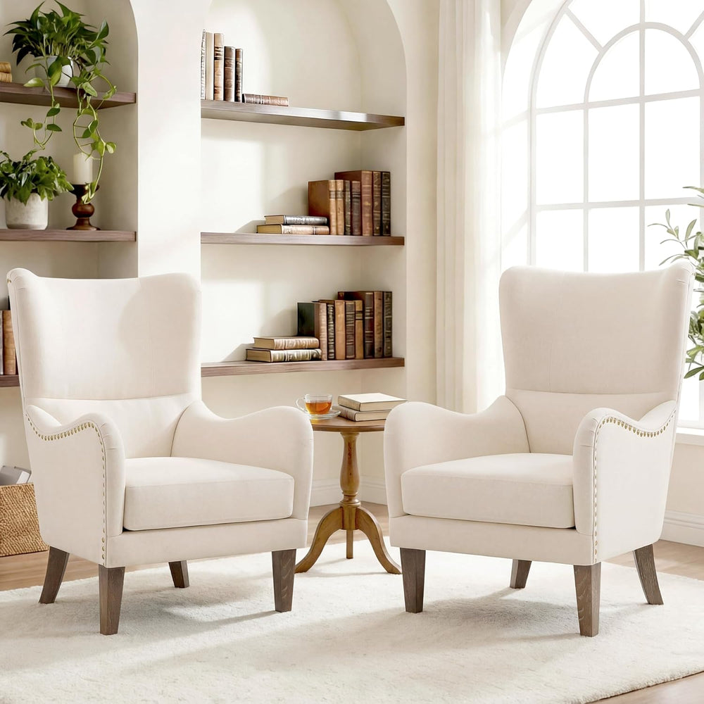 Merax 2Pcs High Wingback Accent Chair with Linen Upholstery, Mid-Century Mode...