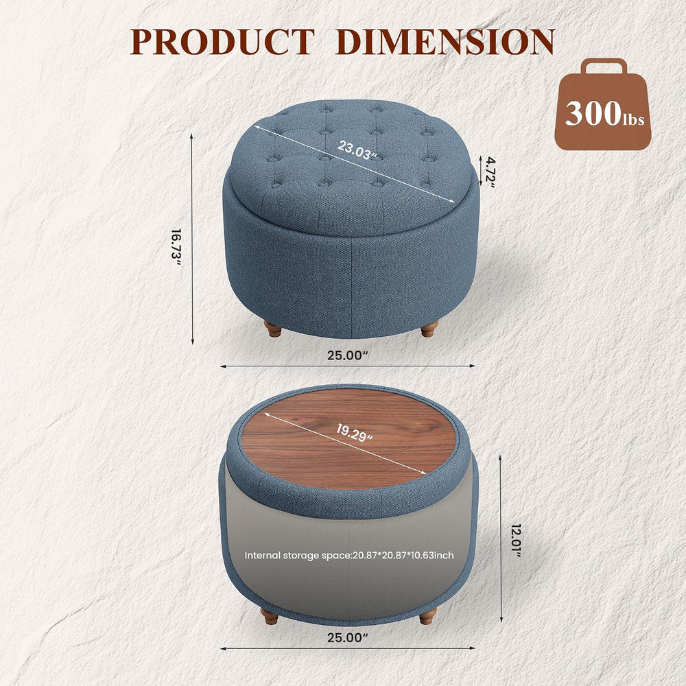 25" Round Ottoman with Storage, Small Coffee Table with Reversible Tray Lid