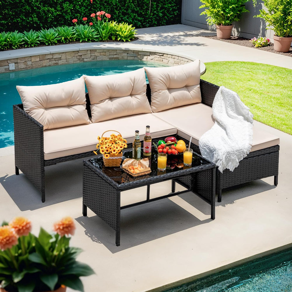 Devoko Outdoor Patio Furniture 3-Piece Rattan L Shaped Sectional Sofa Beige