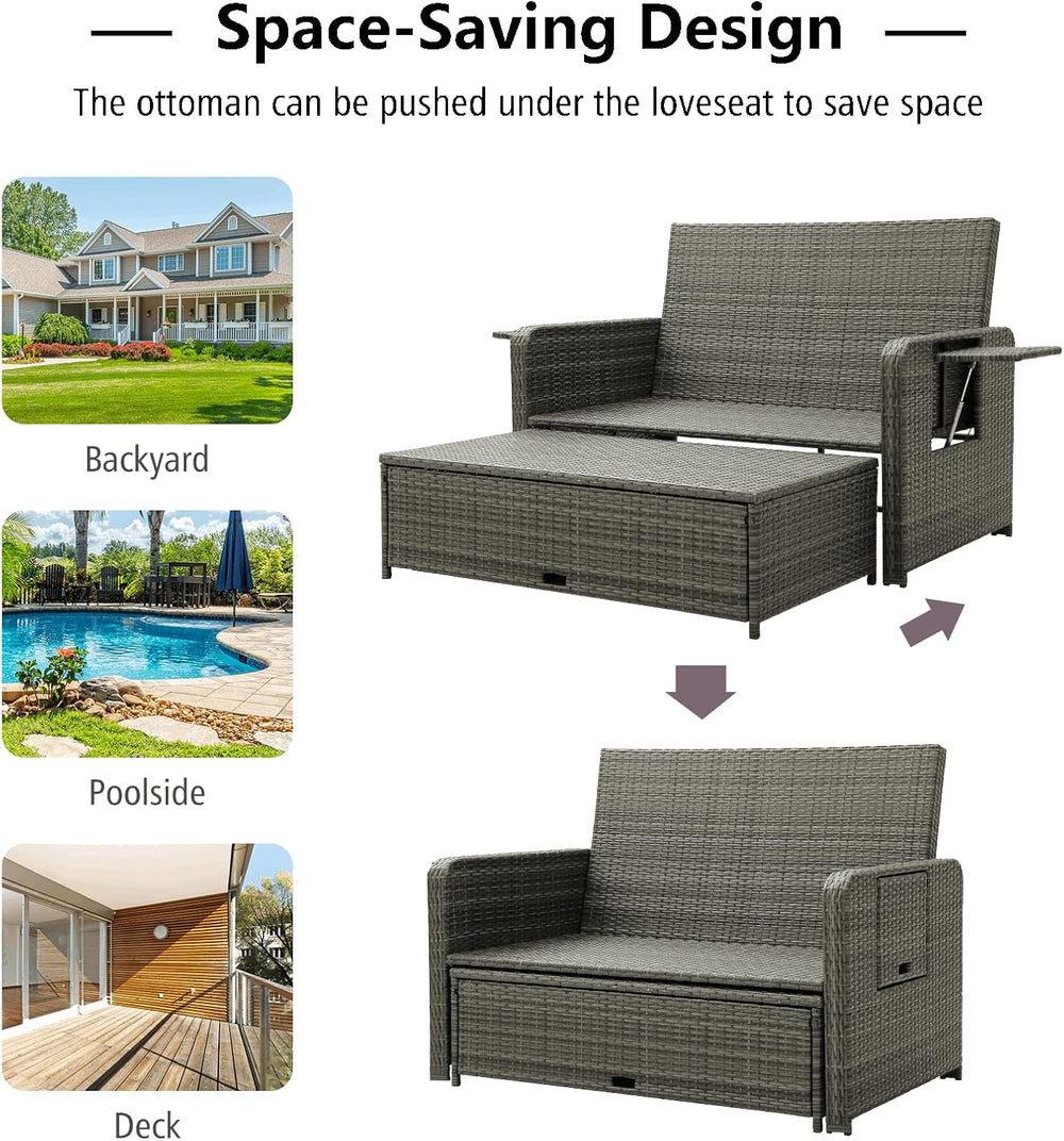 Multigot Double Rattan Daybed, 4-Level Adjustable Wicker Sun Lounger with Sto...