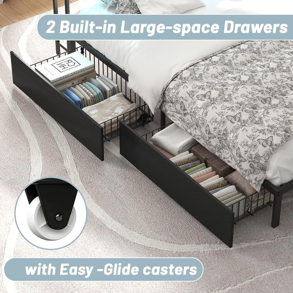 Full Size Corner Bed Frame with 2 Storage Drawers Black | Metal Platform Bed ...