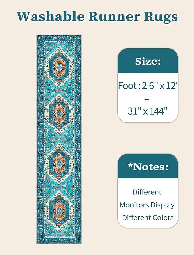 SERISSA Runner Rug for Hallways, Extra Long Boho Rug Ultra Soft Vintage Blue
