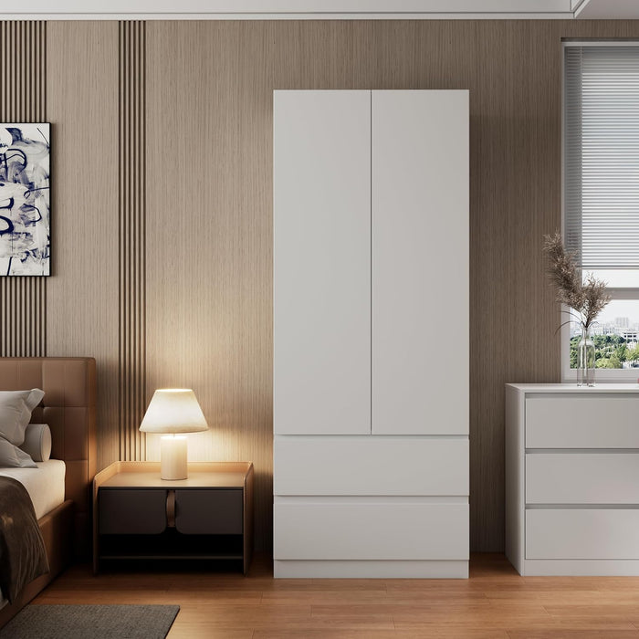 White Armoire Wardrobe Closet with Large Capacity, 78.74" Tall Bedroom Armoire, Wooden Wardrobe Cabinet with 2 Drawers, Storage Shelves and Hanging Rod