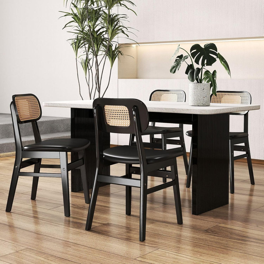 Black Dining Chairs Set of 4 Faux Leather Dining Room Chairs with Rattan Back...