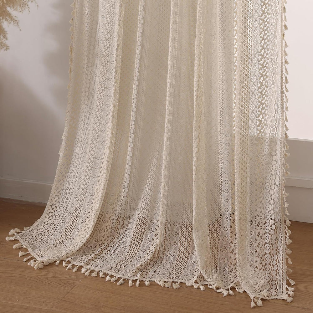 Boho Crochet Curtains for Living Room Lace Curtains 84 Inches Long 2 Panel, R...