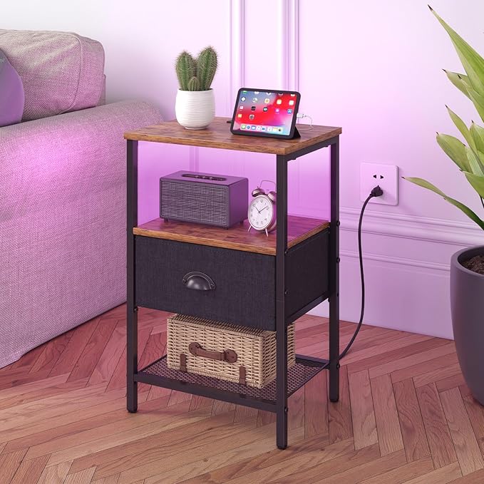 Sthmec Nightstands Set of 2, LED Bedside Tables with Charging Station and Fab...