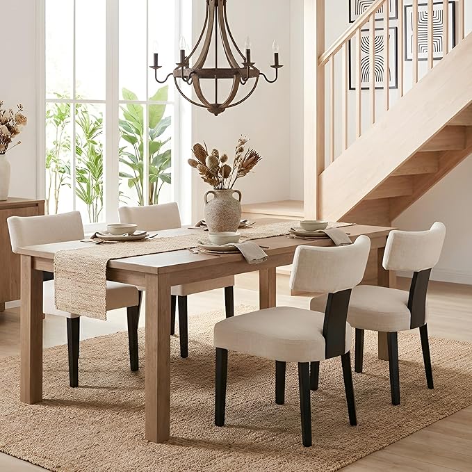 HNY Mid Century Modern Farmhouse Dining Chairs Set of 4, Linen Upholstered Ac...