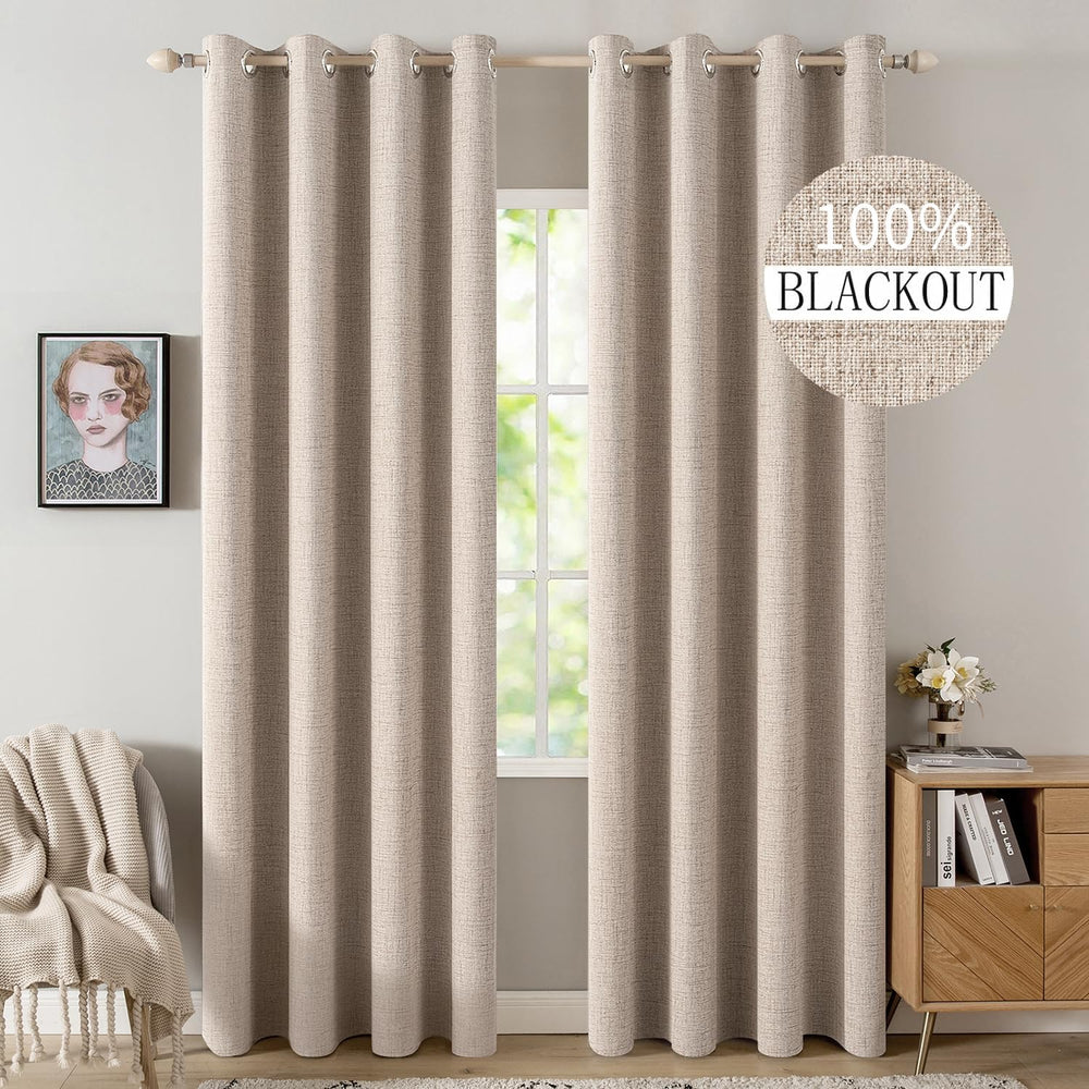 MIULEE 100% Blackout Linen Curtains for Bedroom 52x90 Inches Natural Beige