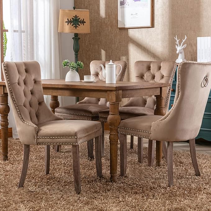 Modern Dining Chairs Set of 4, Tufted Upholstered Dining Chair with Solid Woo...