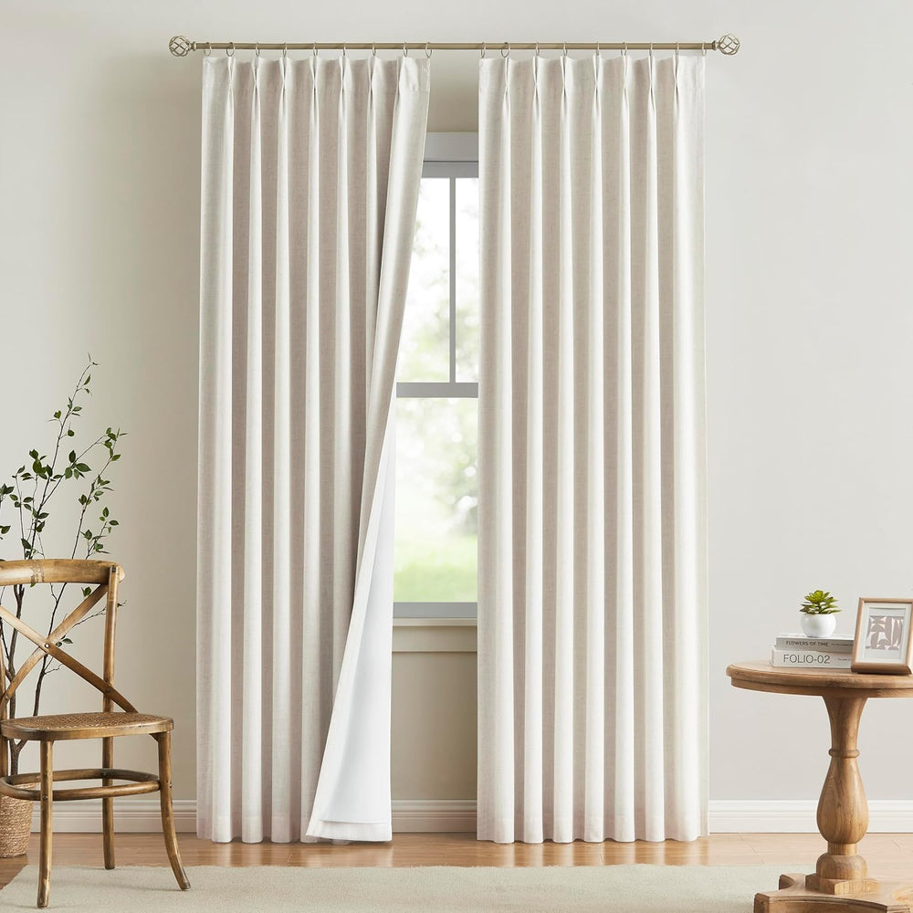 Vision Home Natural Pinch Pleated Full Blackout Curtains Linen Blended Room D...