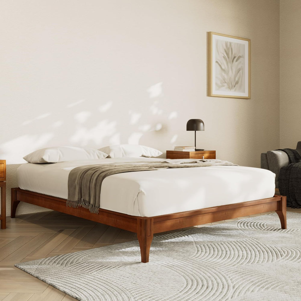 Merax Full Size Mid-Century Solid Bamboo Wood Bed Frame, Brown