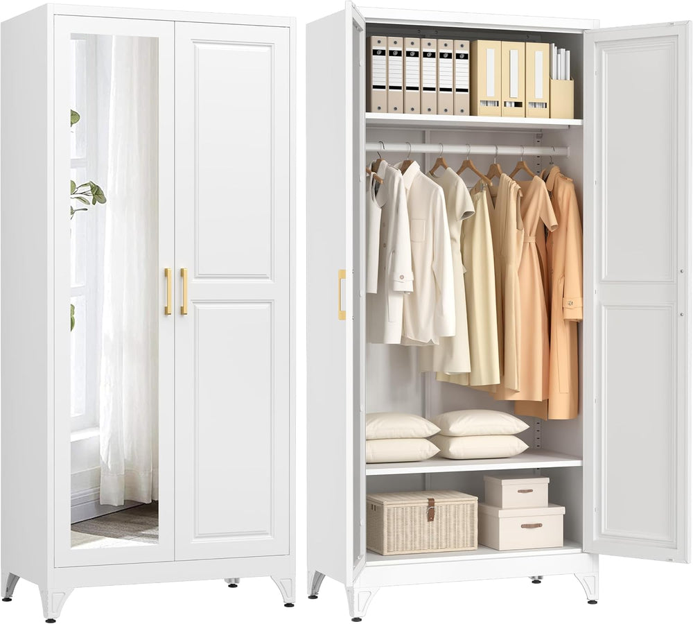 Metal Armoire Wardrobe Closet with Mirror, 71" Tall White Cabinet
