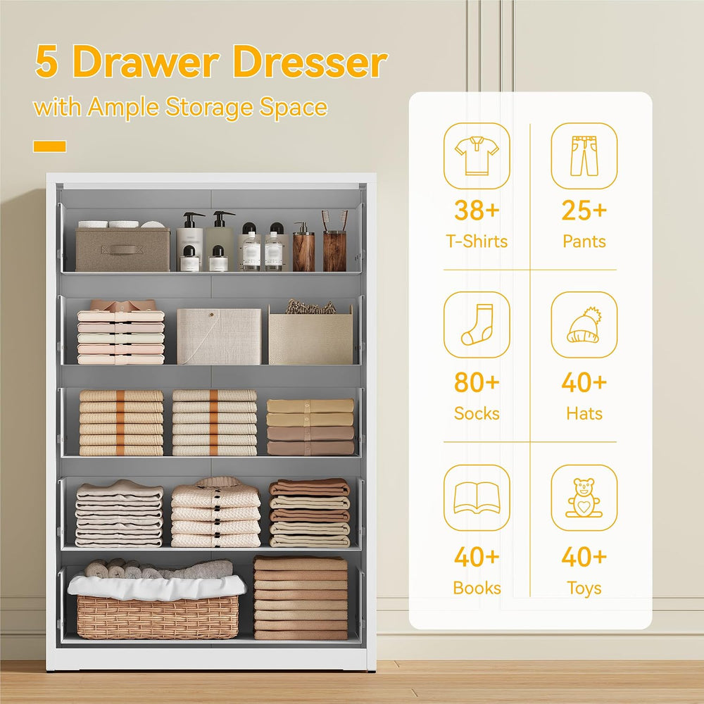 5 Drawer Metal Dresser, Heavy Duty Steel Storage Dresser with Smooth Glide Dr...