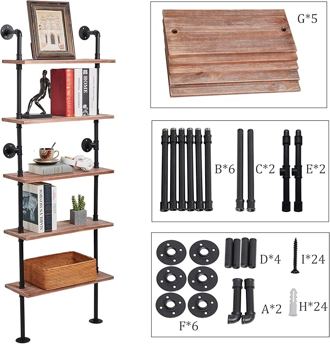 5 Tier Industrial Ladder Bookshelf, Wall Mounted Wood Metal Rustic Pipe Shelv...
