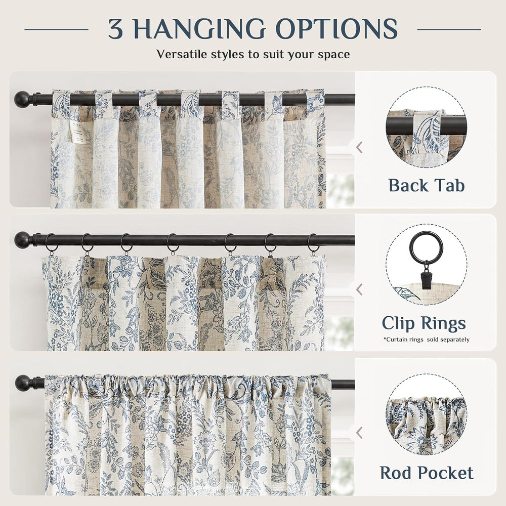 Lazzzy Blue Floral Linen Curtains Farmhouse Rod Pocket 50W X 63L 2 Panels