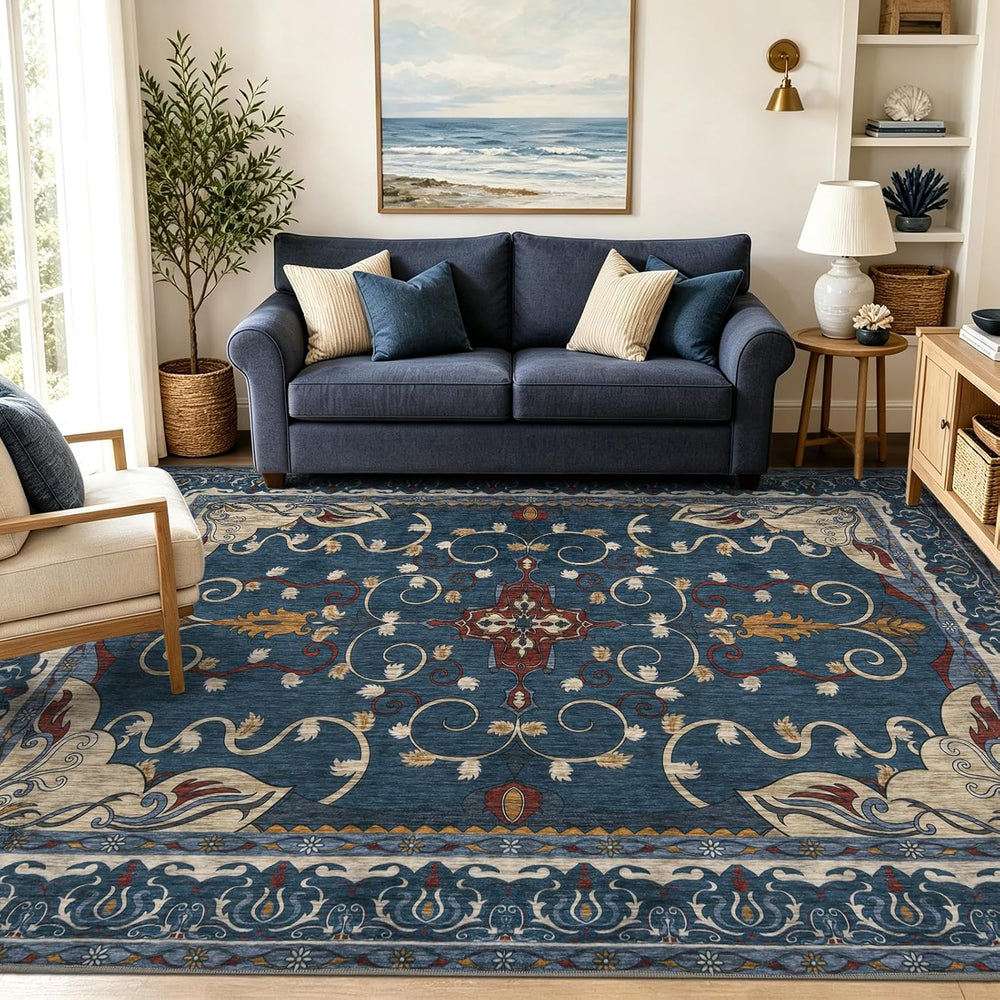 8x10 Area Rug for Large Living Room,Blue Retro Non-Slip Low Pile Rug Carpet