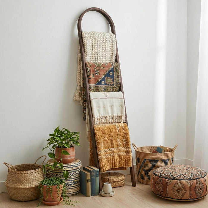 Sintuff Arched Blanket Ladder for Living Room, 5.5ft Wooden Blanket Rack, 5-Tier Natural Leaning Ladder Shelf for Farmhouse Bedroom Living Room Bathroom Decor(Arch,Brown)