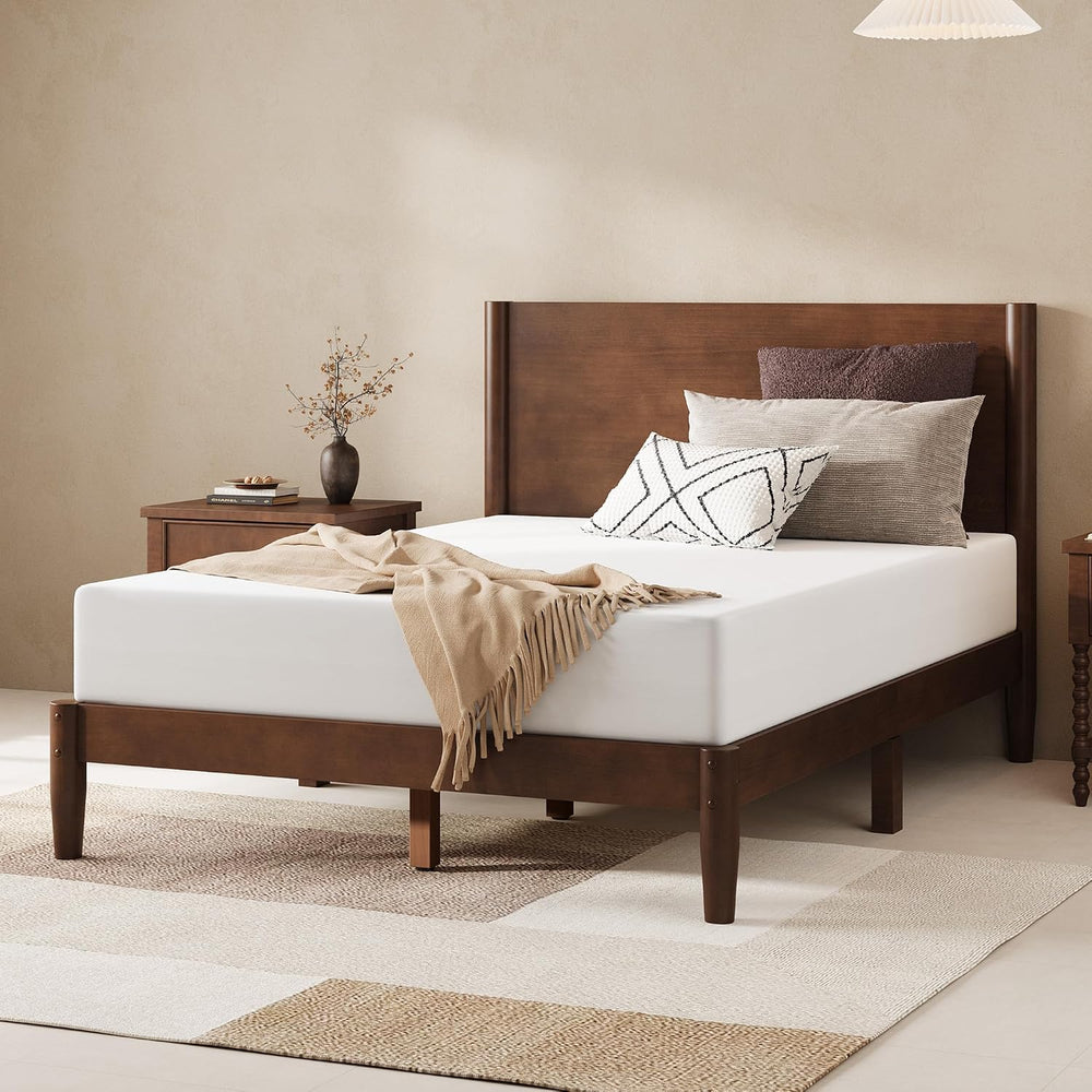 AMERLIFE Solid Wood Full Bed Frame, Mid Century Bed with Headboard, Walnut