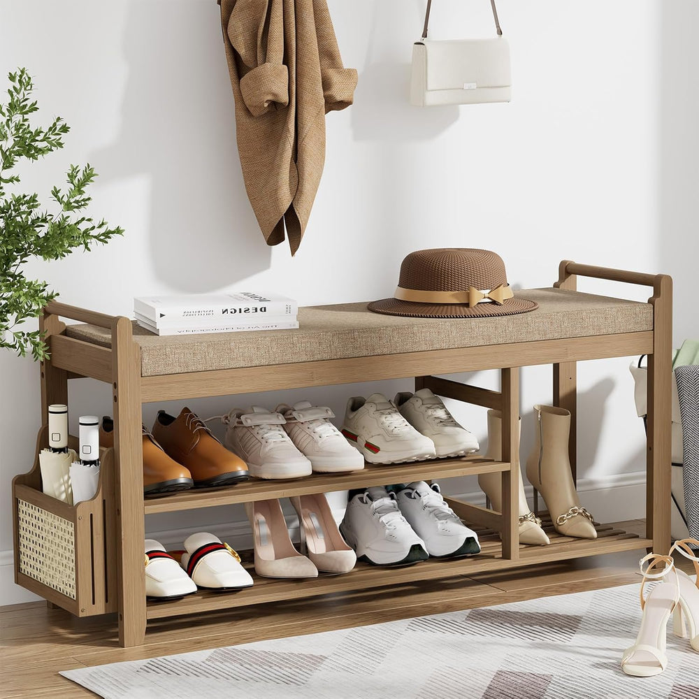 Homaxy 2-Tier Shoe Rack Bench with Side Holder, 39.4 in Bamboo Entryway Bench...