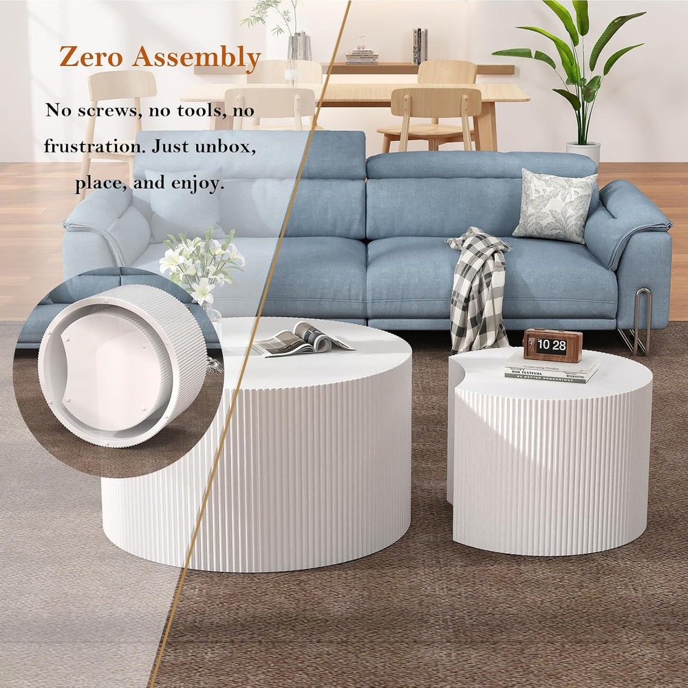 Fluted Round Nesting Coffee Table Set of 2 (AL) | Mid Century Minimalist Circ...