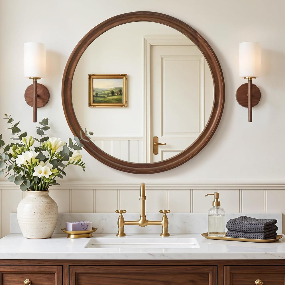 FICTOR Round Wood Mirror, 26" Circle Mirrors for Wall Decor, Walnut Brown