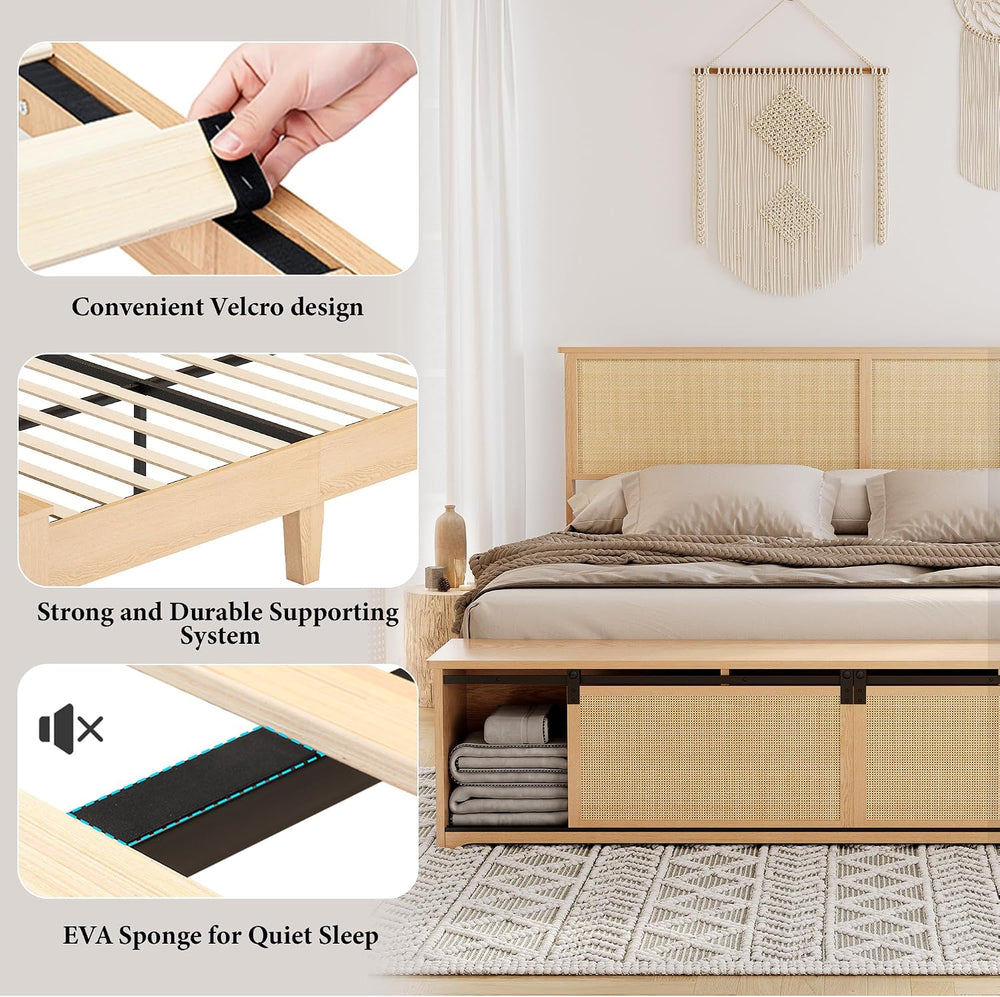 GarveeHome Natural Rattan Full Size Bed Frame with Storage Cabinets