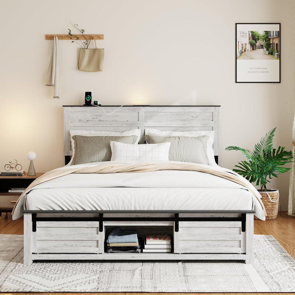 Wooden Queen Bed Frame with Headboard, Farmhouse Storage, Barn Door