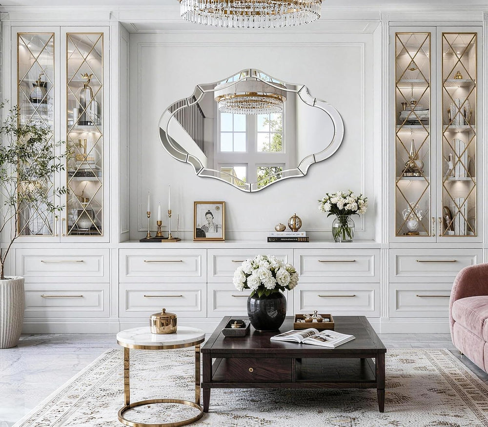 47"x32" Scalloped Beveled Glass Wall Mirror, Solid Wood Backing