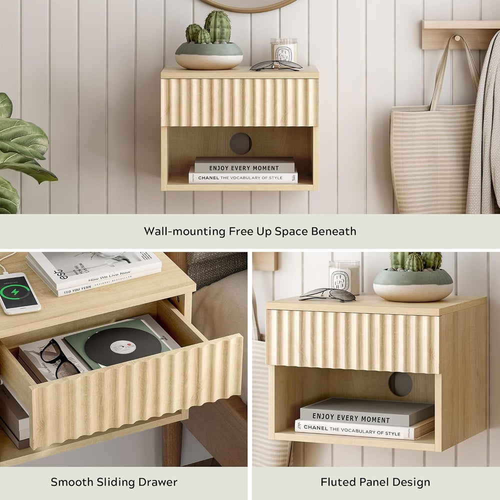 Floating Nightstand Set of 2 with Drawer, Fluted Modern Night Stand with Flut...