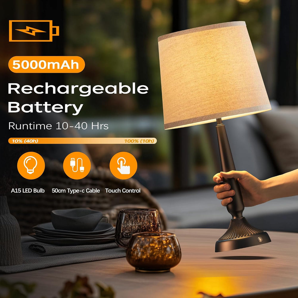 PARTPHONER Cordless Table Lamp, 5000mAh Battery Rechargeable Touch Lamp, 3-Le...